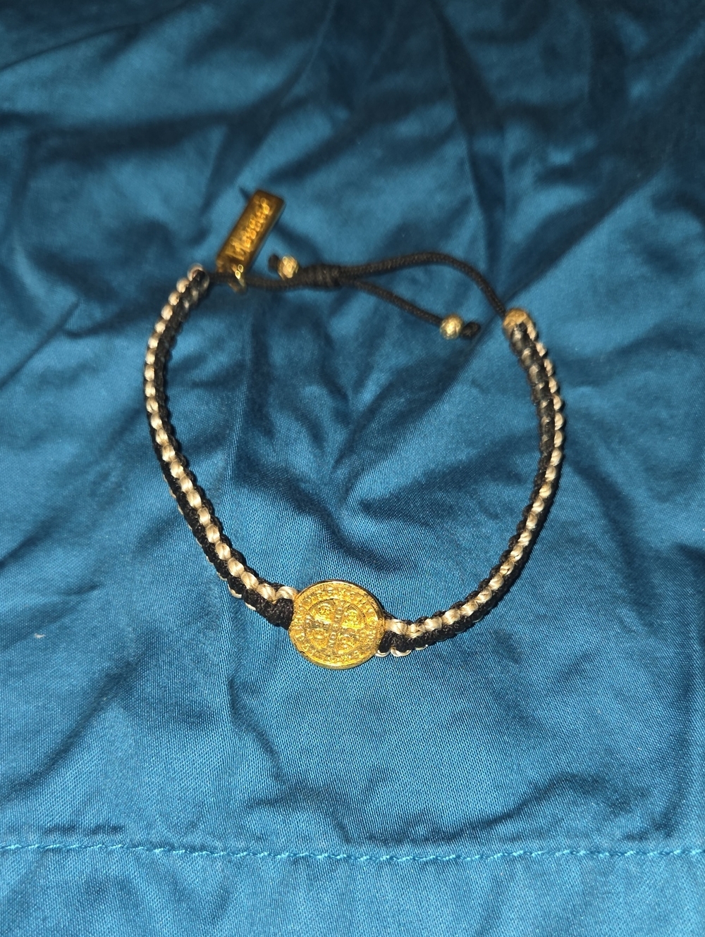 Adjustable Black and Gold Braided Bracelet with Coin Charm